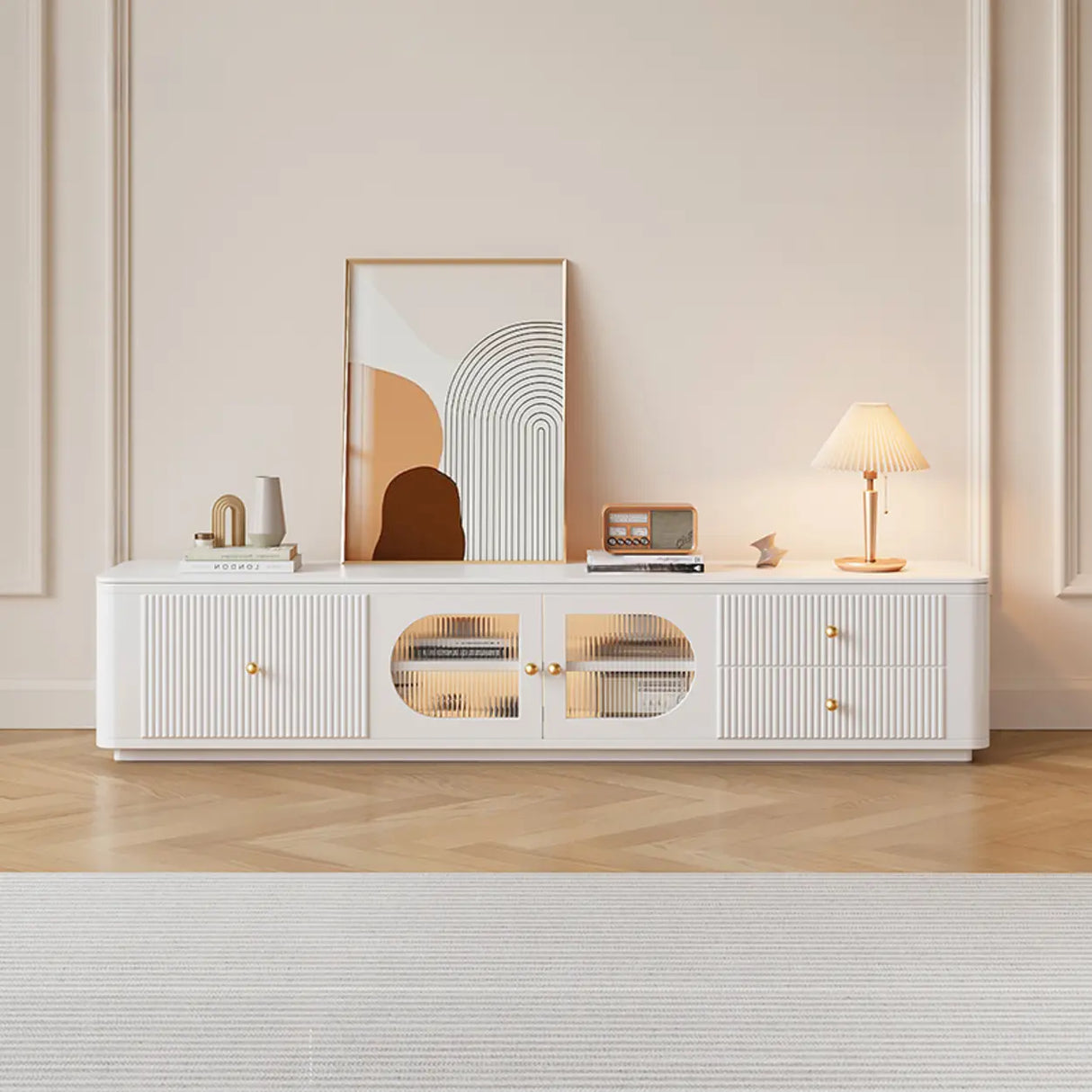 White Stone Rectangle Storage TV Stand with Lighting Image - 5