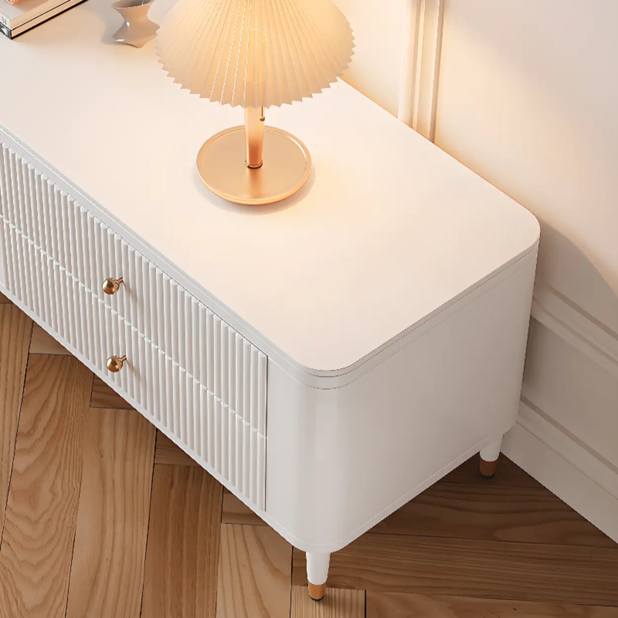 White Stone Rectangle Storage TV Stand with Lighting Image - 7