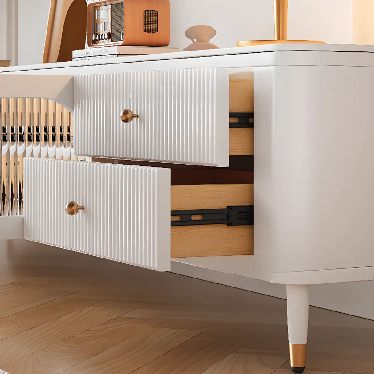 White Stone Rectangle Storage TV Stand with Lighting Image - 9