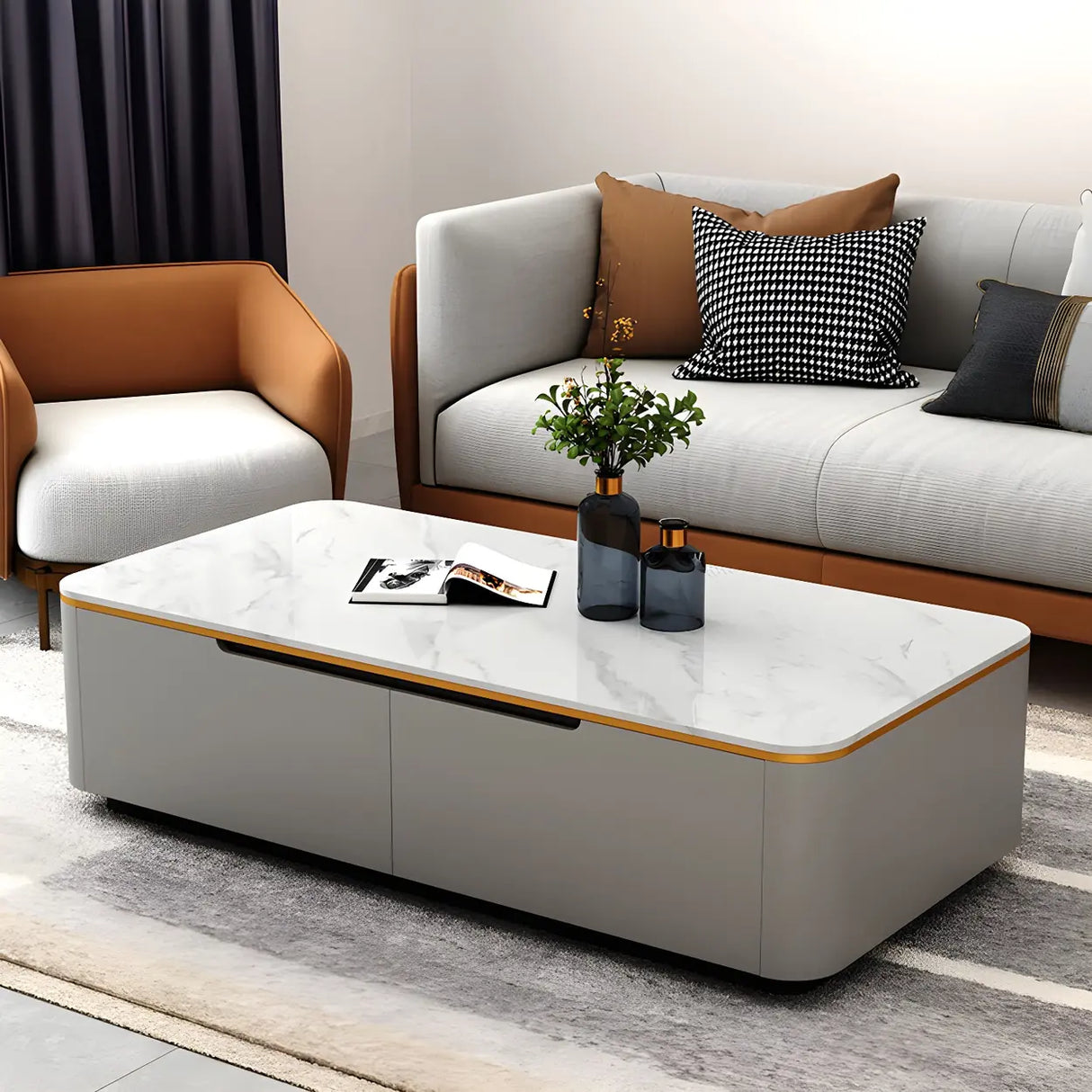 White Stone Rectangular Coffee Table with Drawers Image - 10