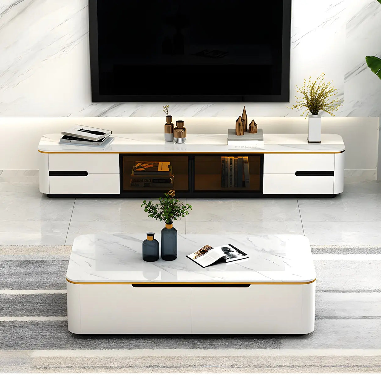 White Stone Rectangular Coffee Table with Drawers Image - 11