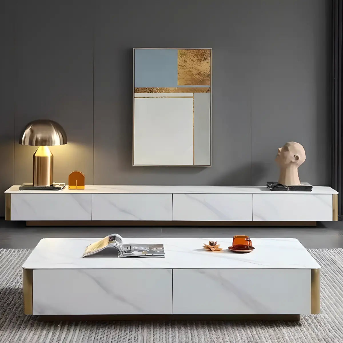 White Stone Rectangular Enclosed Storage TV Stand Image - 1