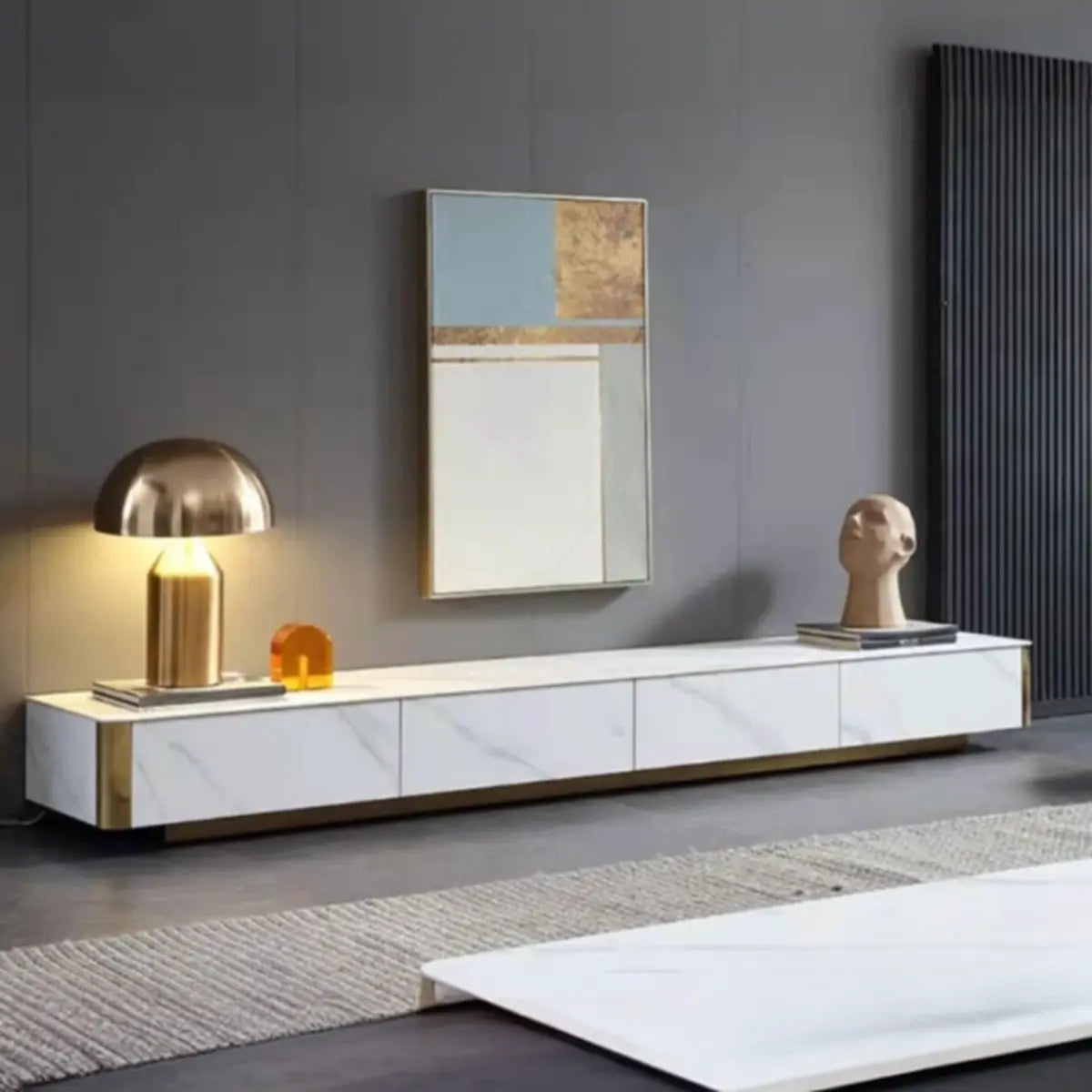 White Stone Rectangular Enclosed Storage TV Stand Image - 2