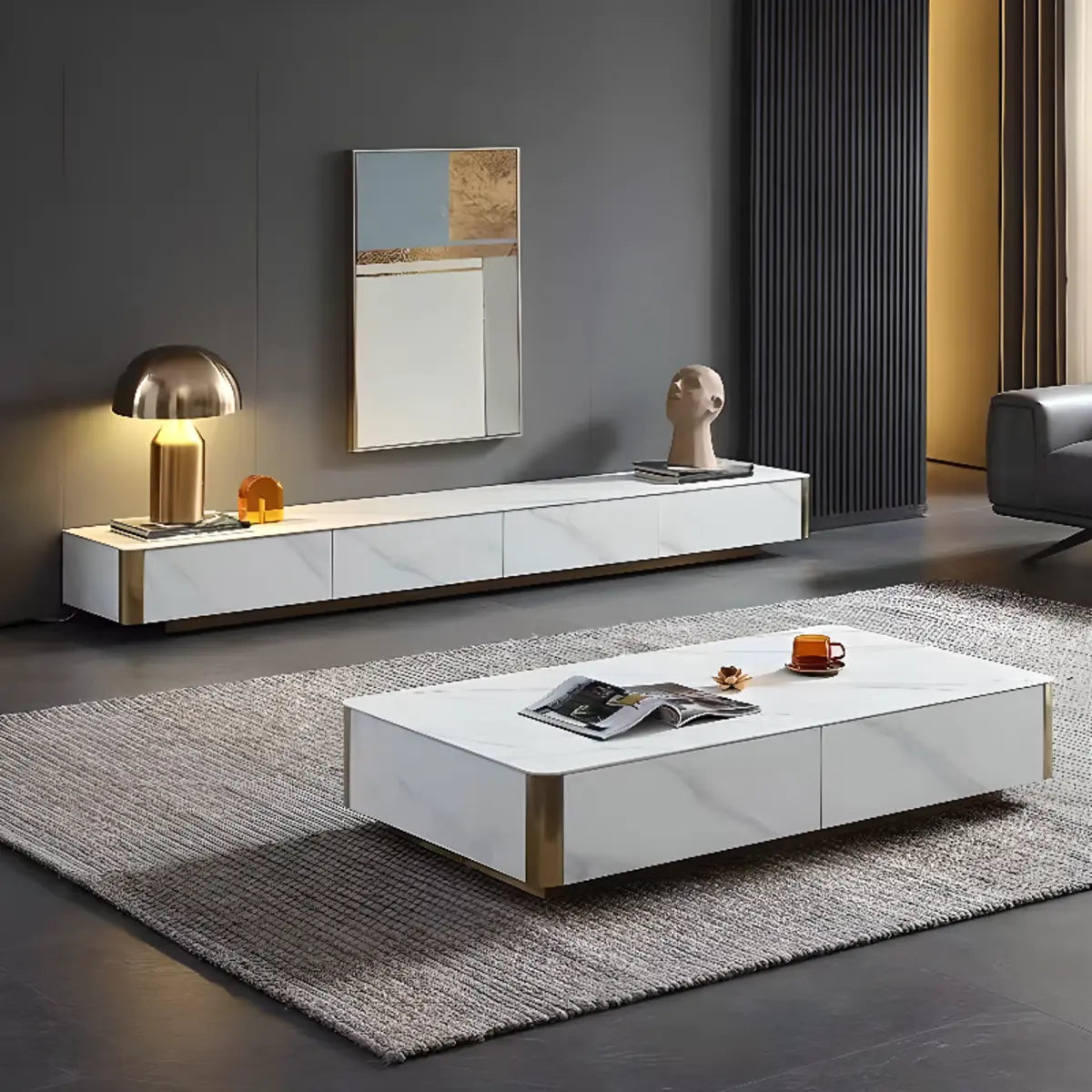 White Stone Rectangular Enclosed Storage TV Stand Image - 3