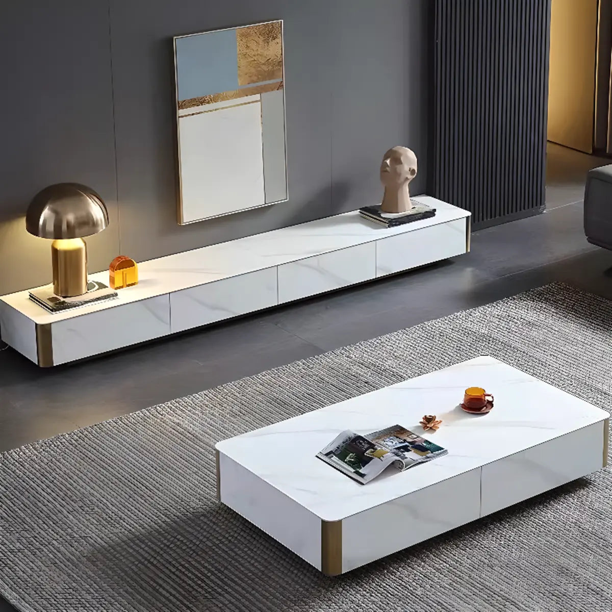 White Stone Rectangular Enclosed Storage TV Stand Image - 4