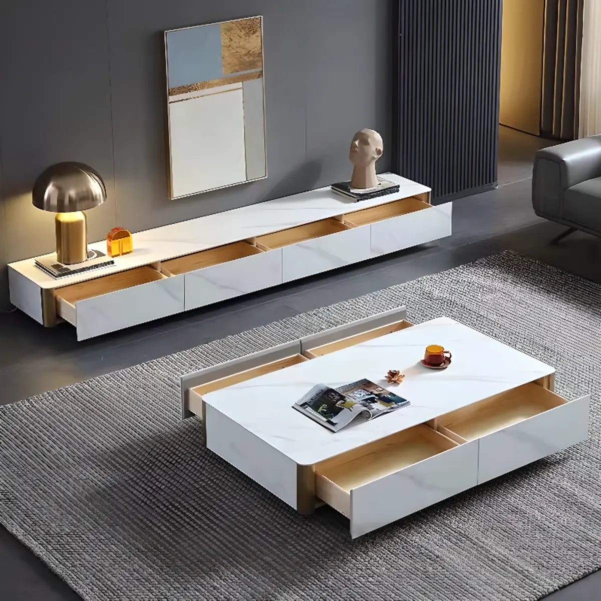 White Stone Rectangular Enclosed Storage TV Stand Image - 5