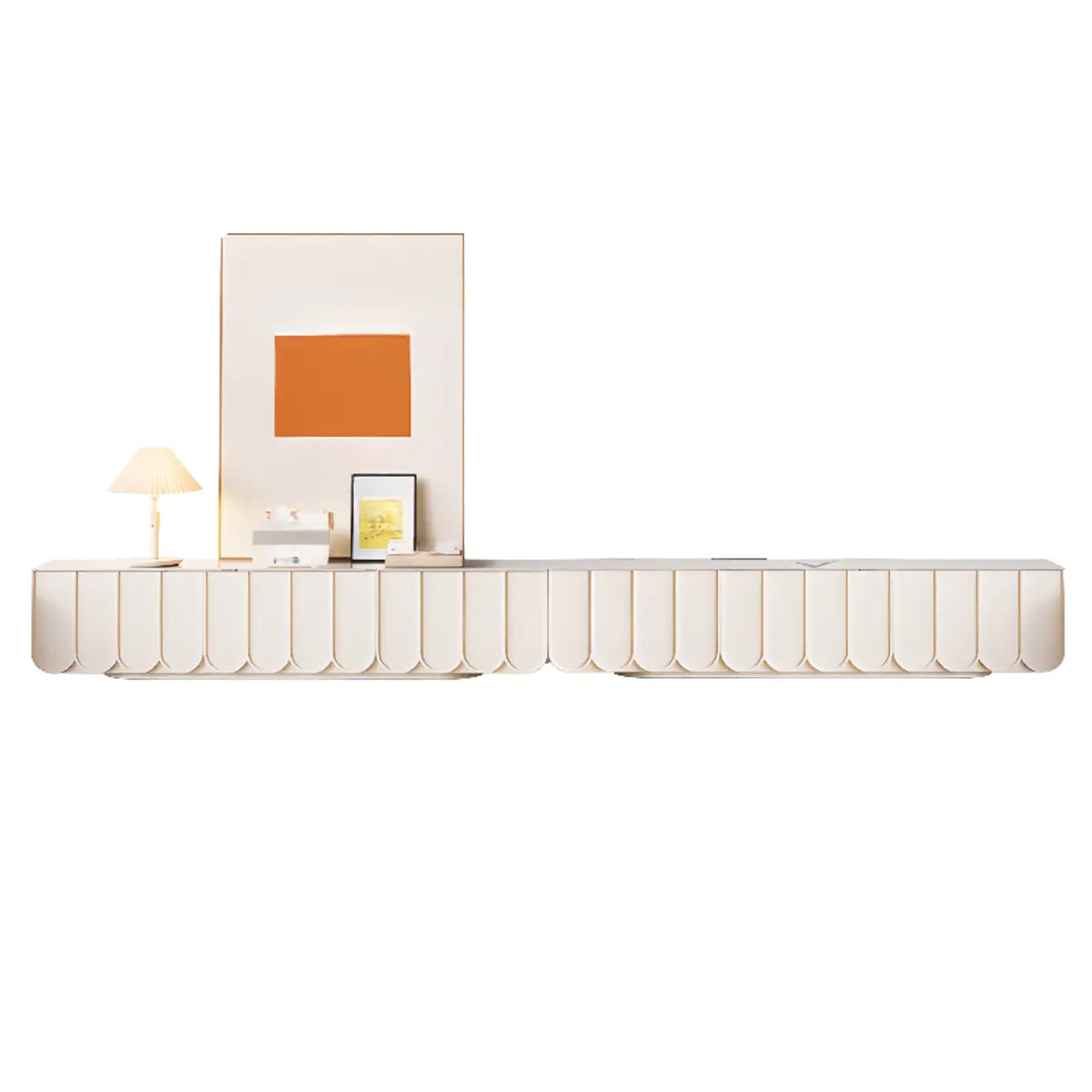 White Stone Rectangular Long TV Stand with Drawers Image - 10