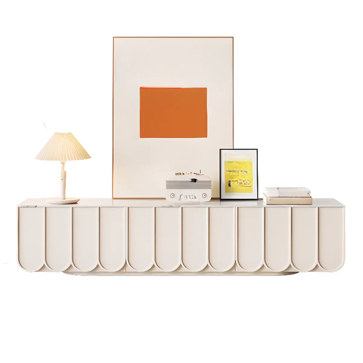 White Stone Rectangular Long TV Stand with Drawers Image - 11