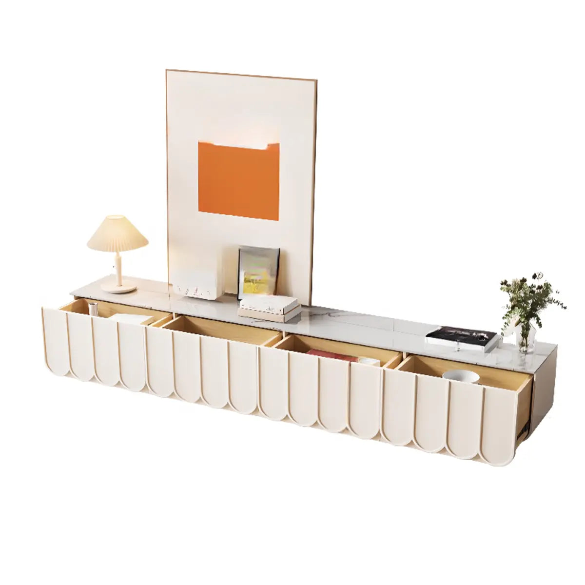 White Stone Rectangular Long TV Stand with Drawers Image - 12
