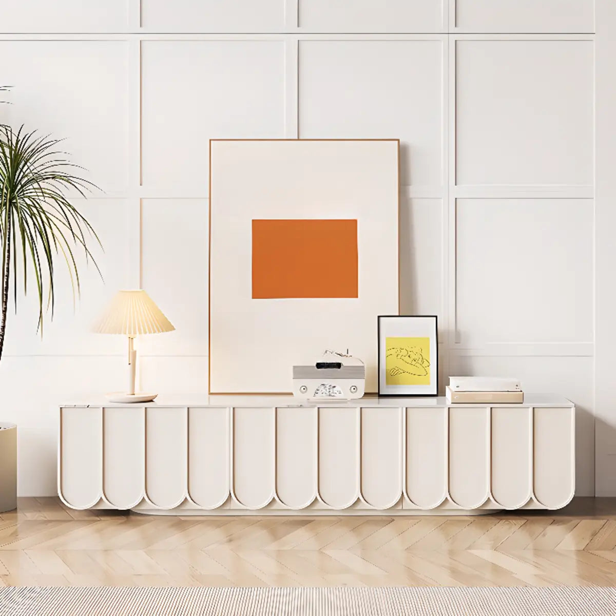 White Stone Rectangular Long TV Stand with Drawers Image - 13