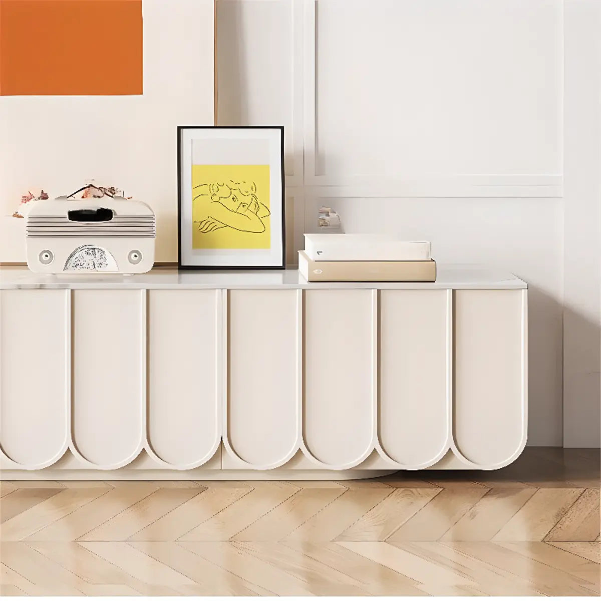 White Stone Rectangular Long TV Stand with Drawers Image - 3