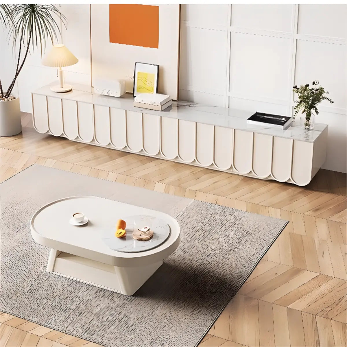 White Stone Rectangular Long TV Stand with Drawers Image - 4