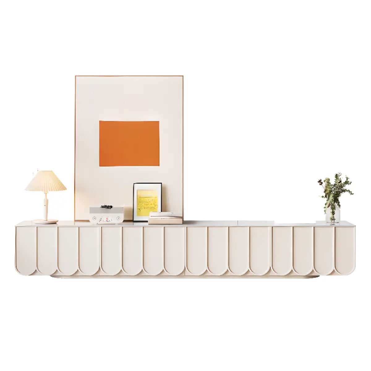 White Stone Rectangular Long TV Stand with Drawers Image - 5