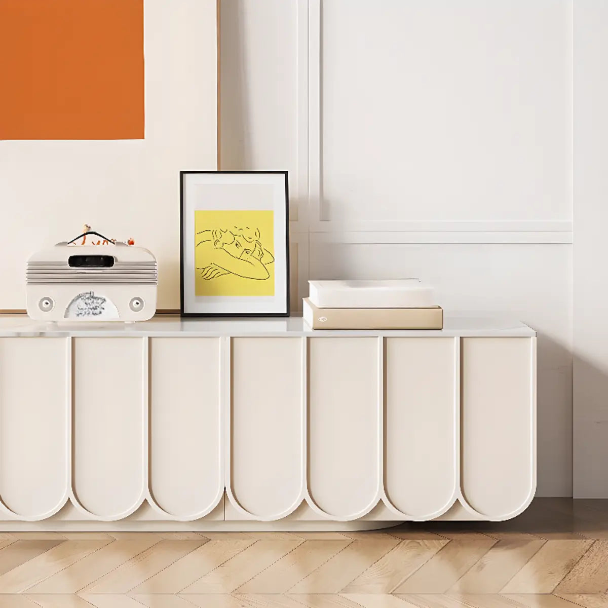 White Stone Rectangular Long TV Stand with Drawers Image - 6