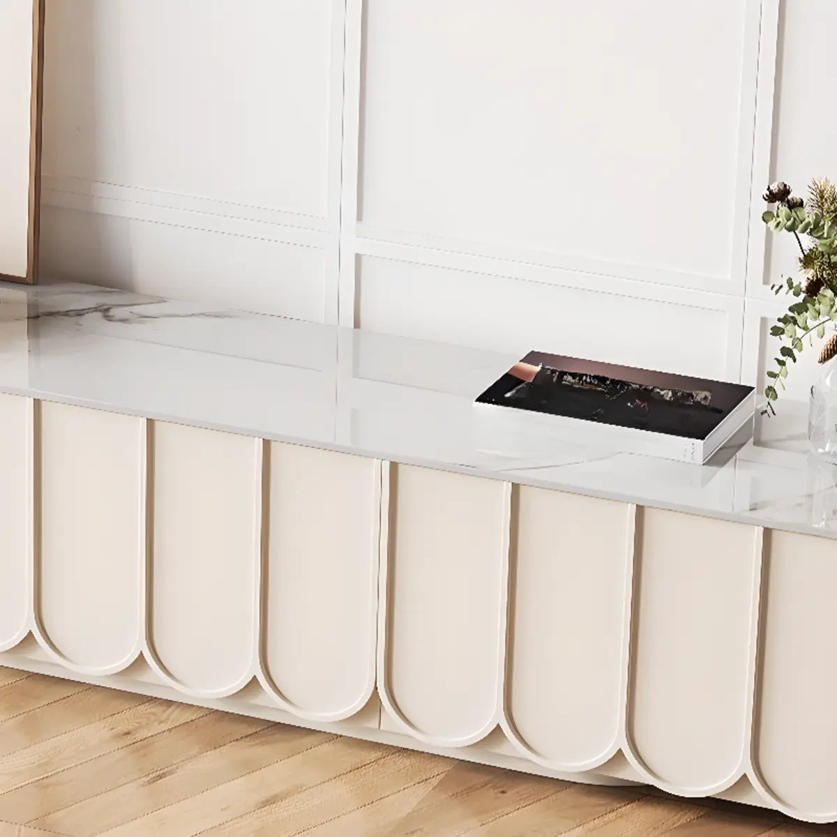 White Stone Rectangular Long TV Stand with Drawers Image - 7