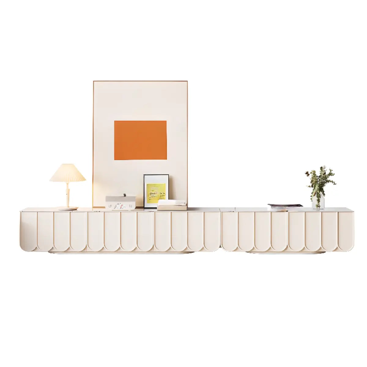 White Stone Rectangular Long TV Stand with Drawers Image - 9