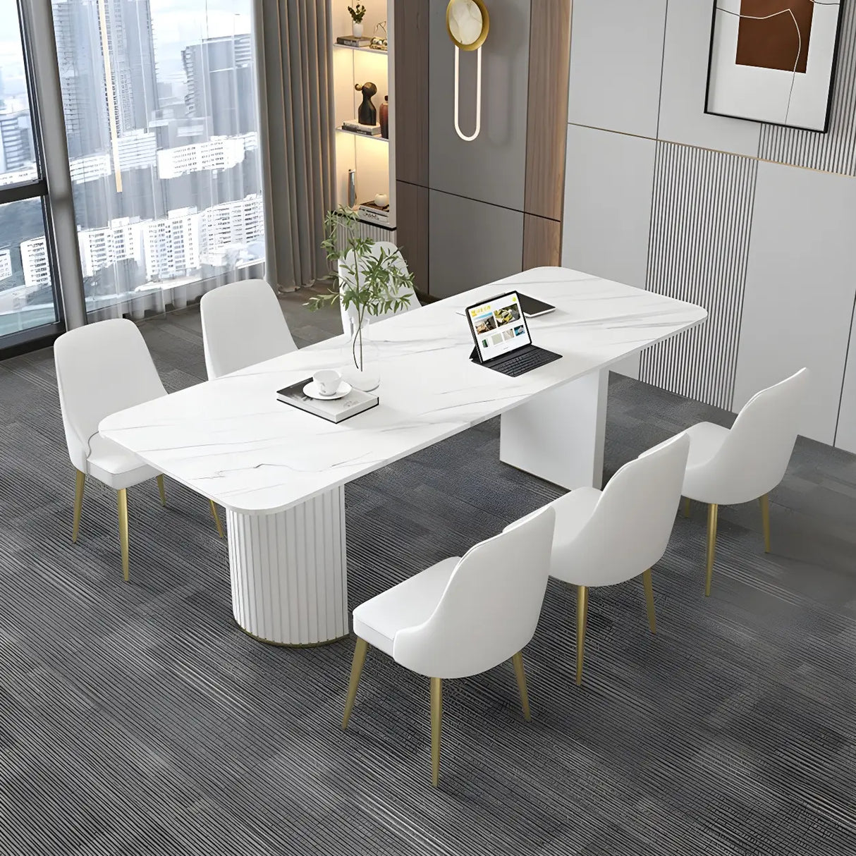 White Stone Rectangular Sled Meeting Table 6-Person Image - 11