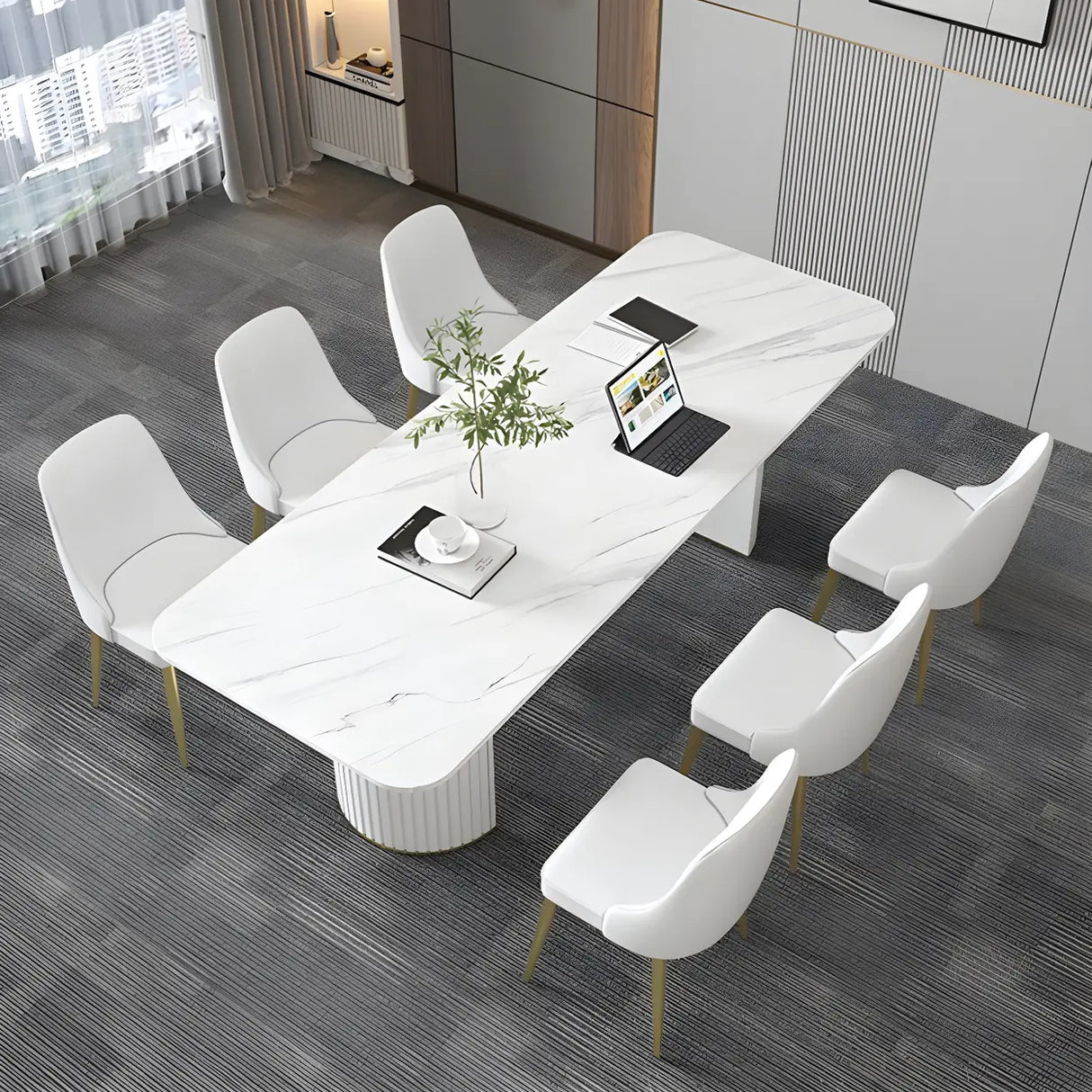 White Stone Rectangular Sled Meeting Table 6-Person Image - 12