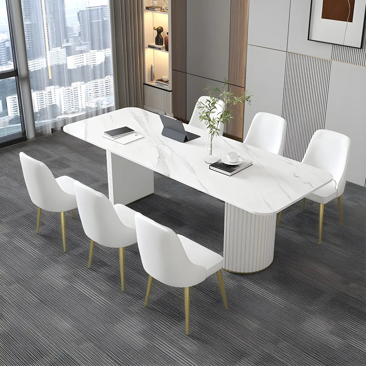 White Stone Rectangular Sled Meeting Table 6-Person Image - 1