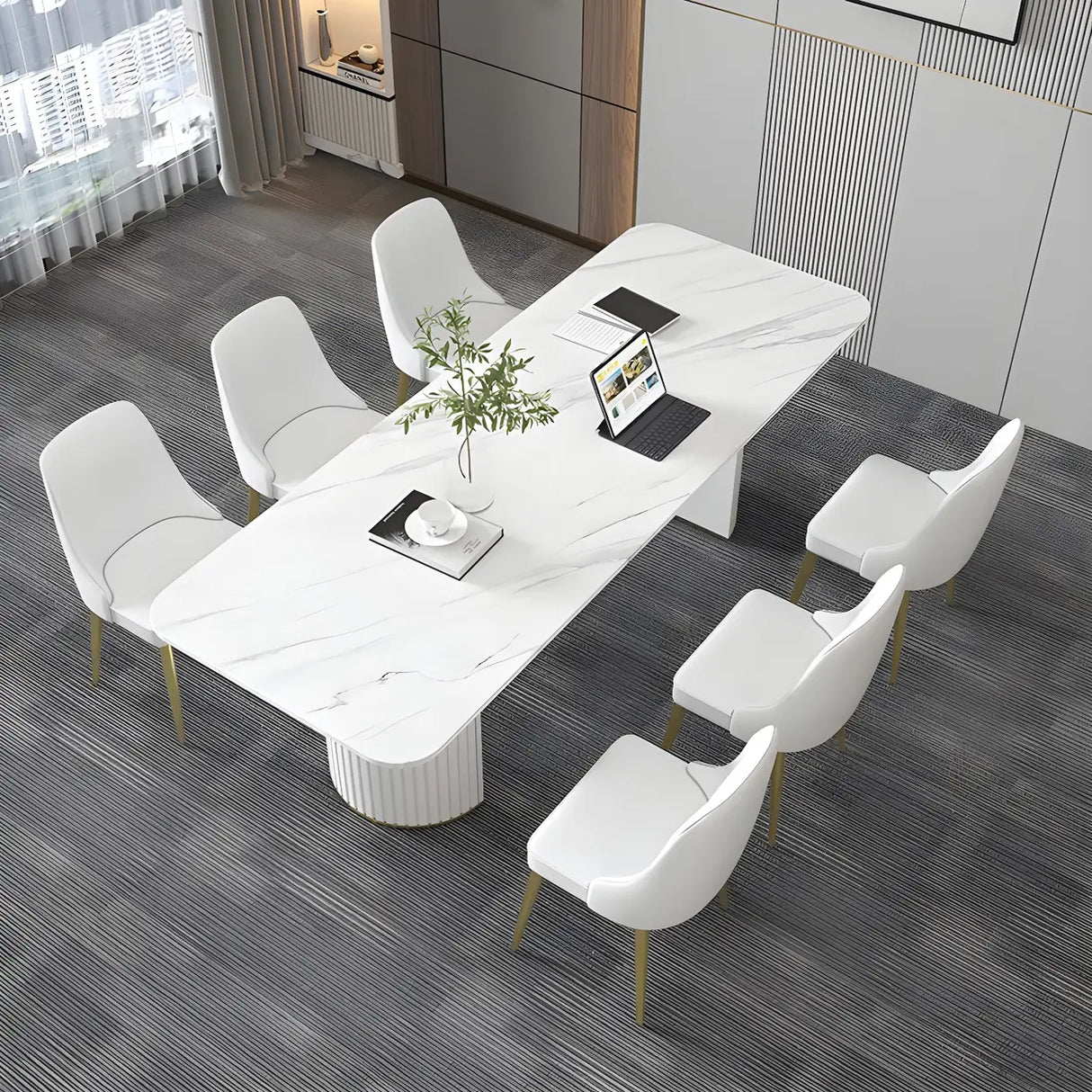 White Stone Rectangular Sled Meeting Table 6-Person Image - 4