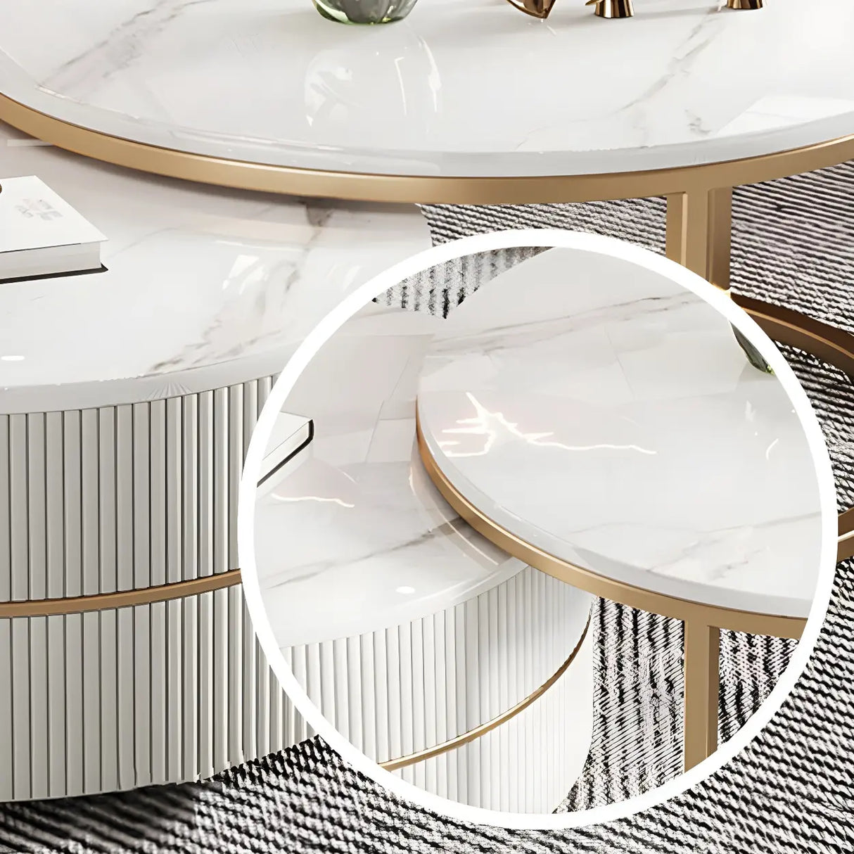 White Stone Round Coffee Table Set with Storage Image - 10