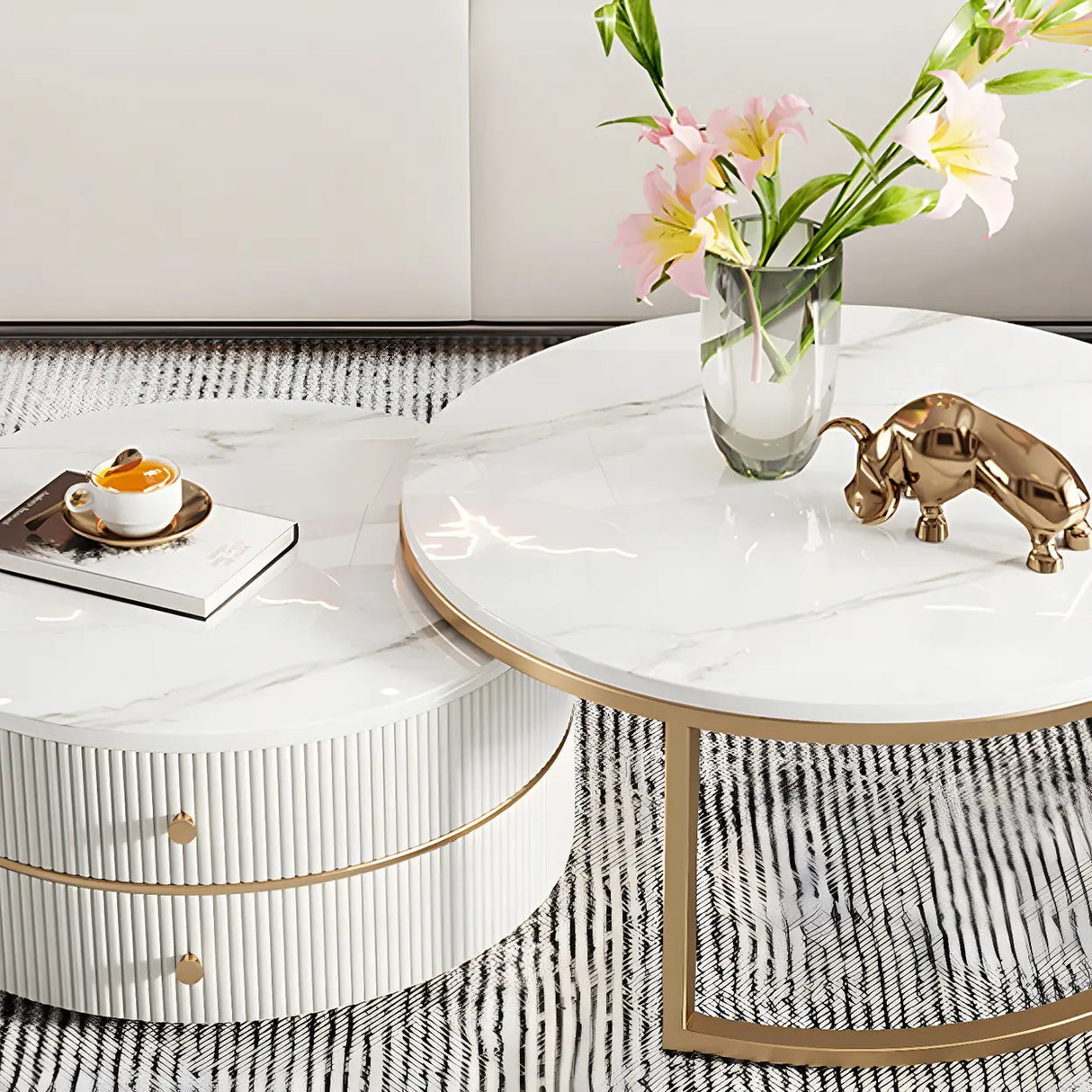 White Stone Round Coffee Table Set with Storage Image - 11