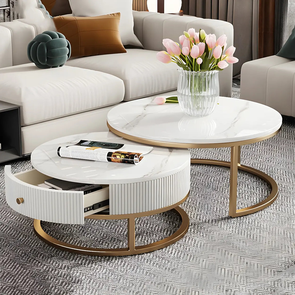 White Stone Round Coffee Table Set with Storage Image - 12