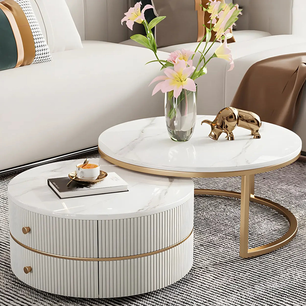 White Stone Round Coffee Table Set with Storage Image - 13