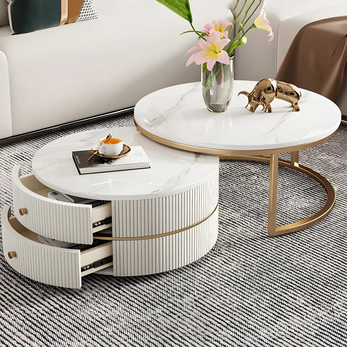 White Stone Round Coffee Table Set with Storage Image - 14