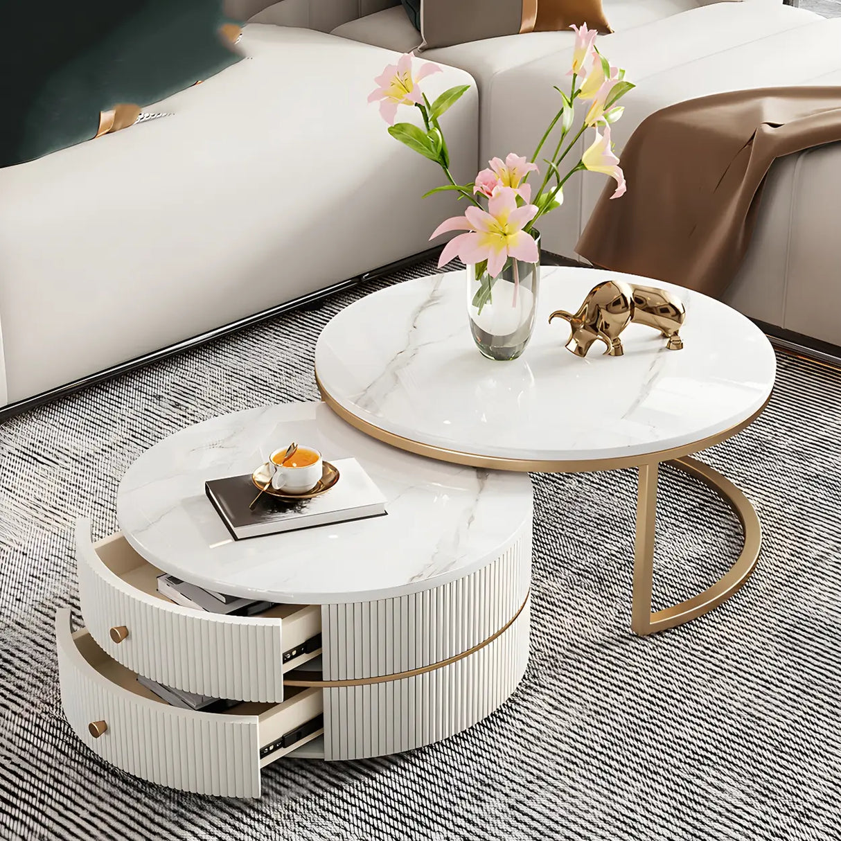 White Stone Round Coffee Table Set with Storage Image - 15
