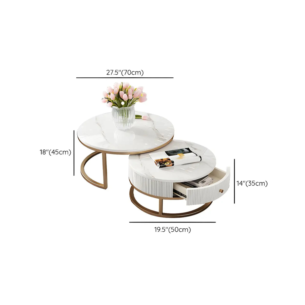 White Stone Round Coffee Table Set with Storage Image - 18