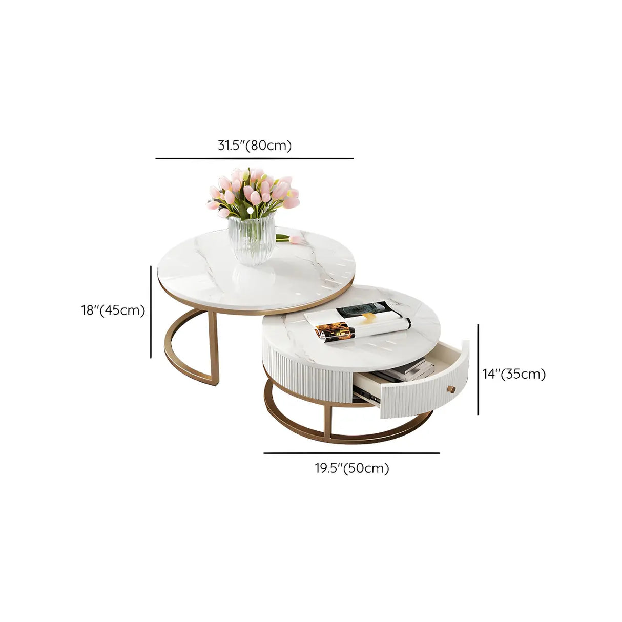 White Stone Round Coffee Table Set with Storage Image - 19