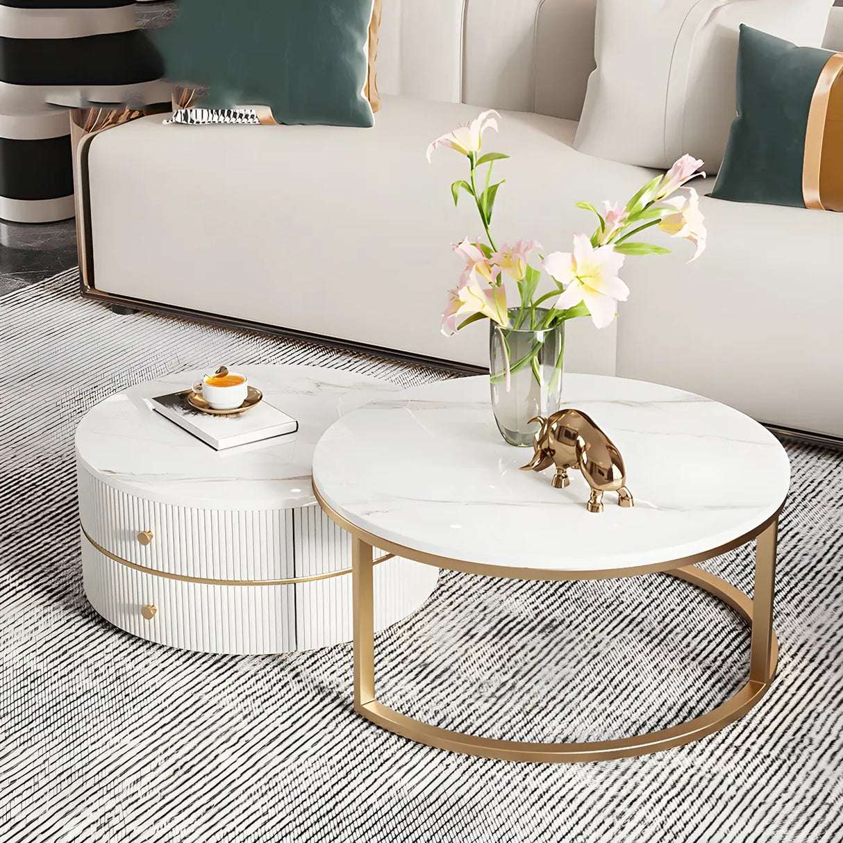 White Stone Round Coffee Table Set with Storage Image - 1
