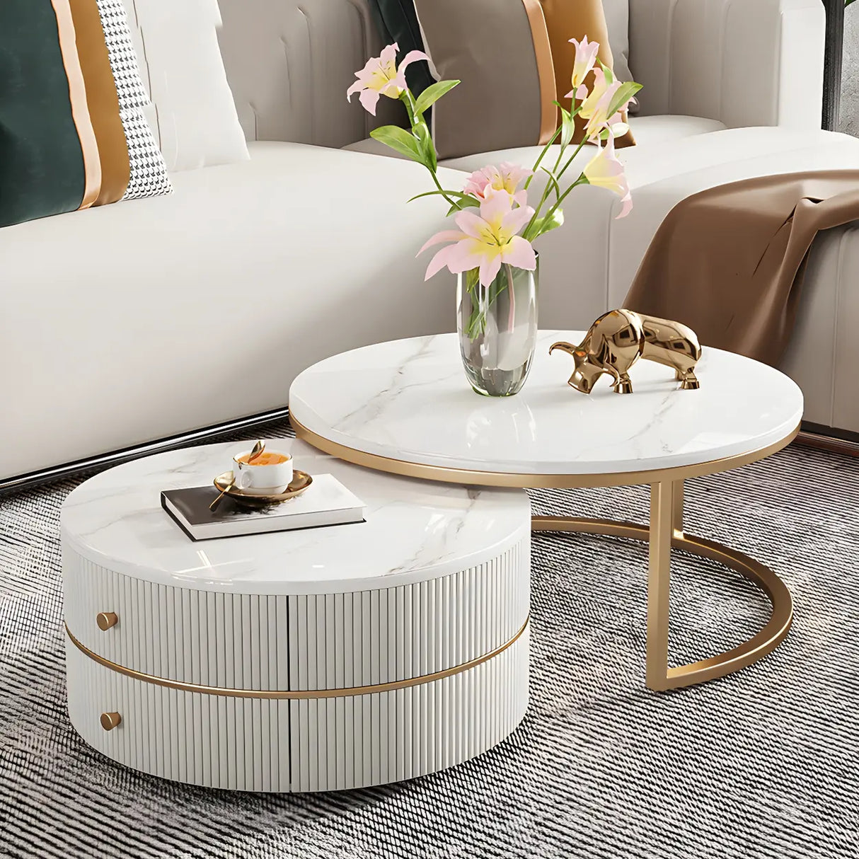 White Stone Round Coffee Table Set with Storage Image - 2