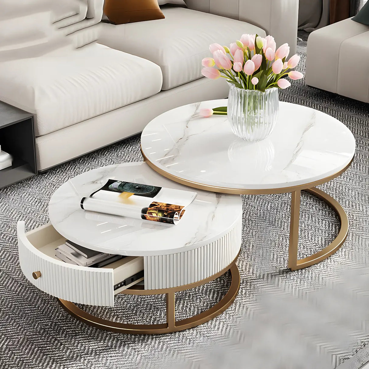 White Stone Round Coffee Table Set with Storage Image - 3