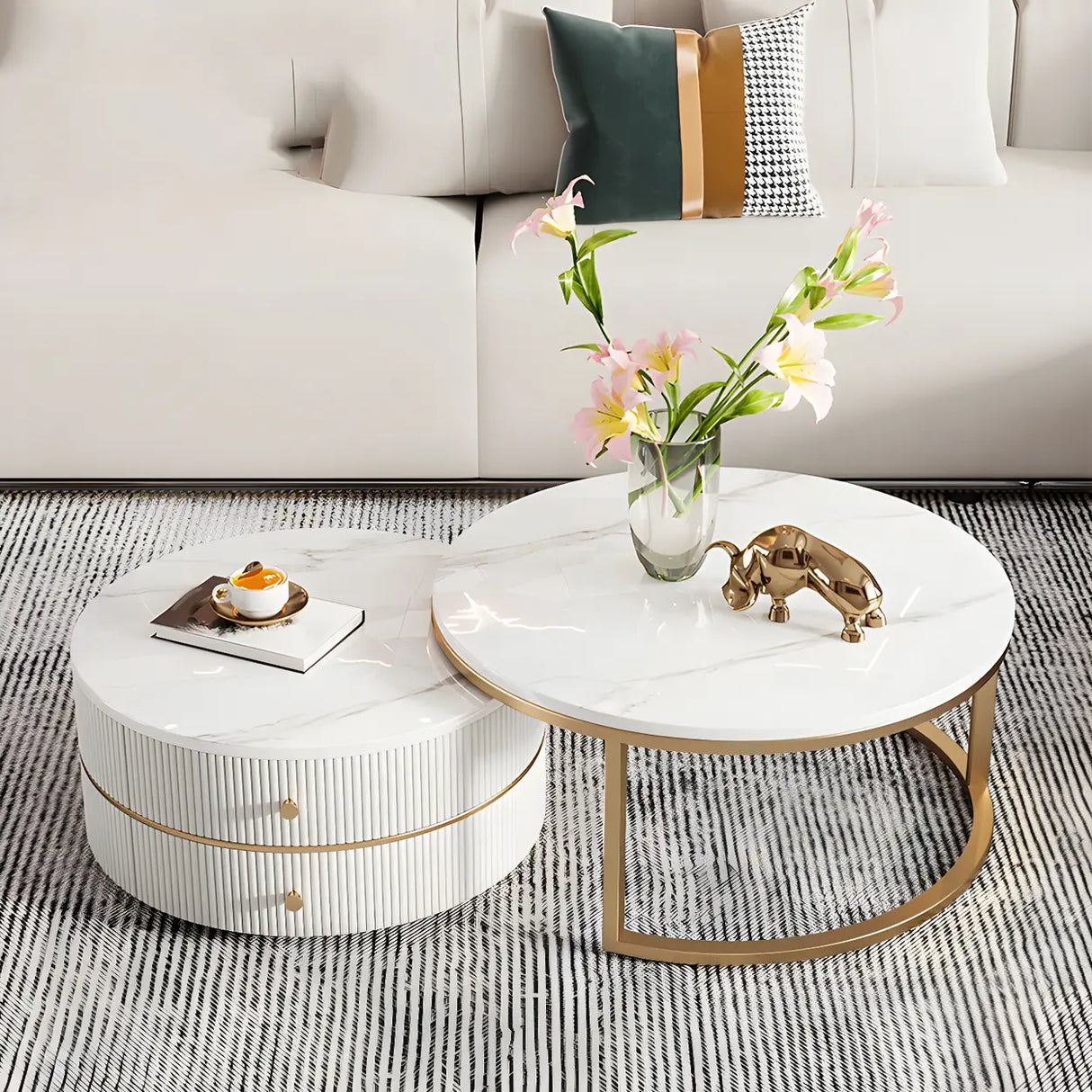 White Stone Round Coffee Table Set with Storage Image - 4