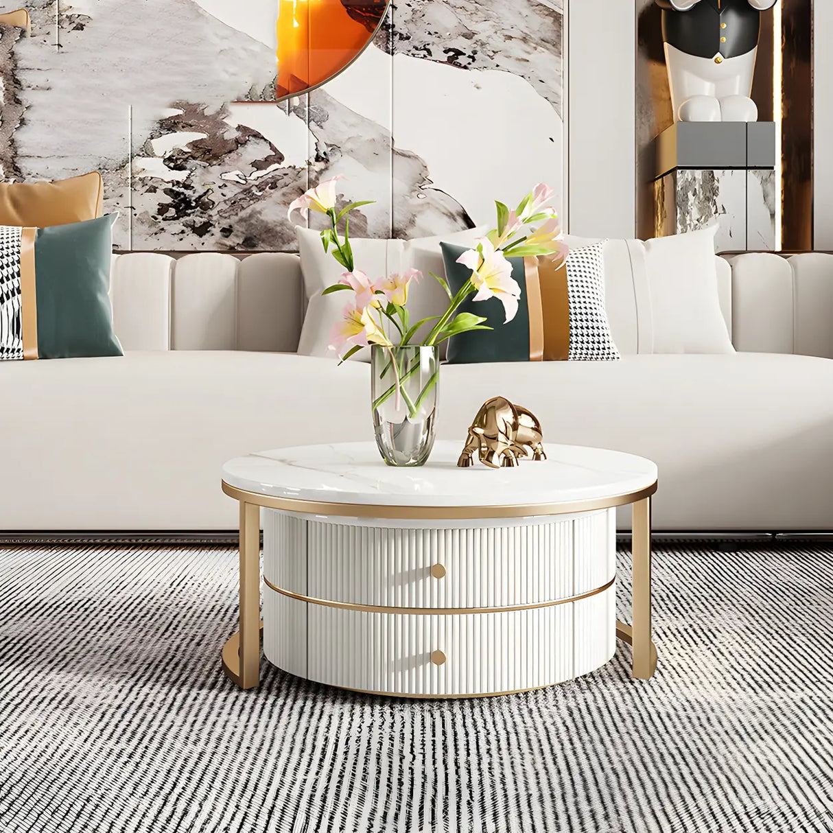 White Stone Round Coffee Table Set with Storage Image - 5