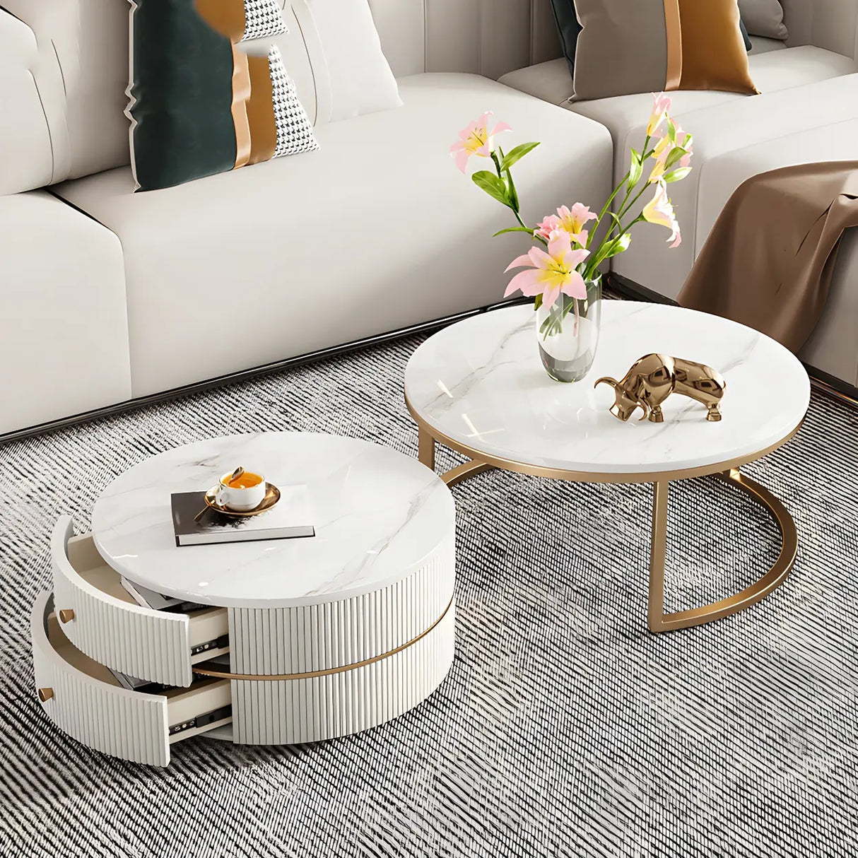 White Stone Round Coffee Table Set with Storage Image - 6