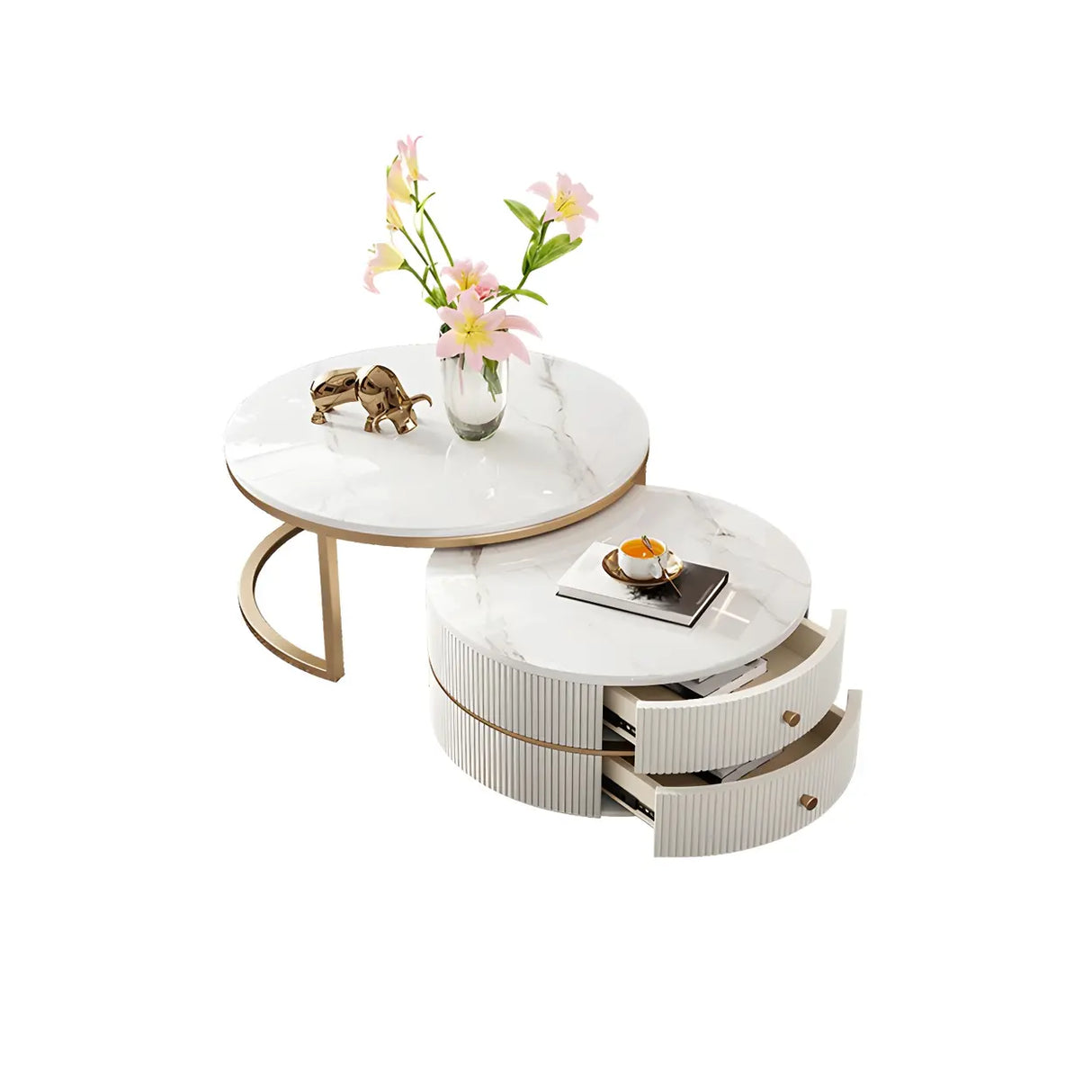 White Stone Round Coffee Table Set with Storage Image - 7