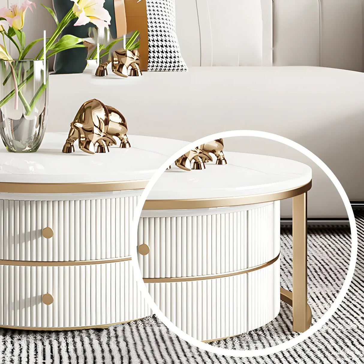 White Stone Round Coffee Table Set with Storage Image - 9