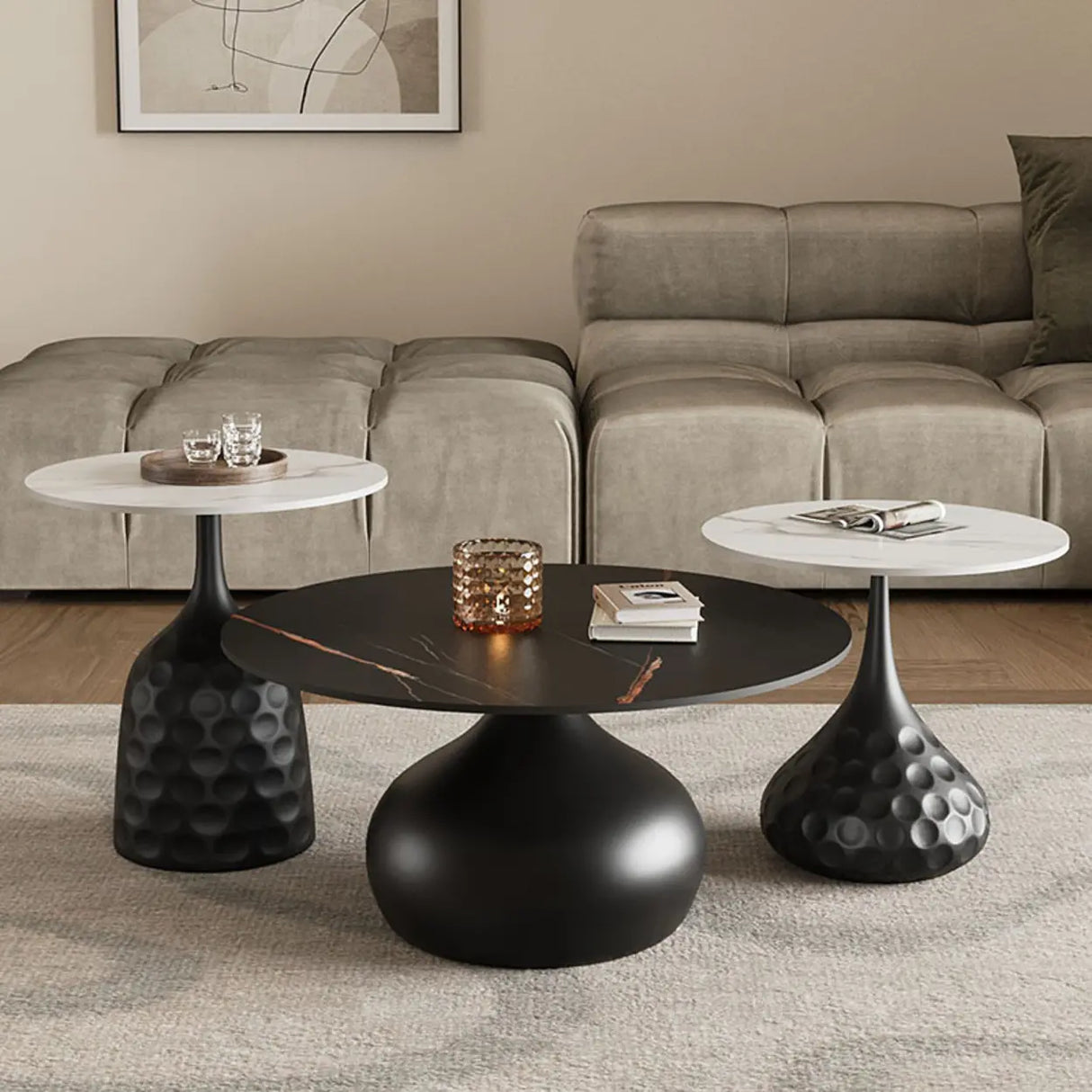 White Stone Round Metal Base Nesting Coffee Tables Image - 10