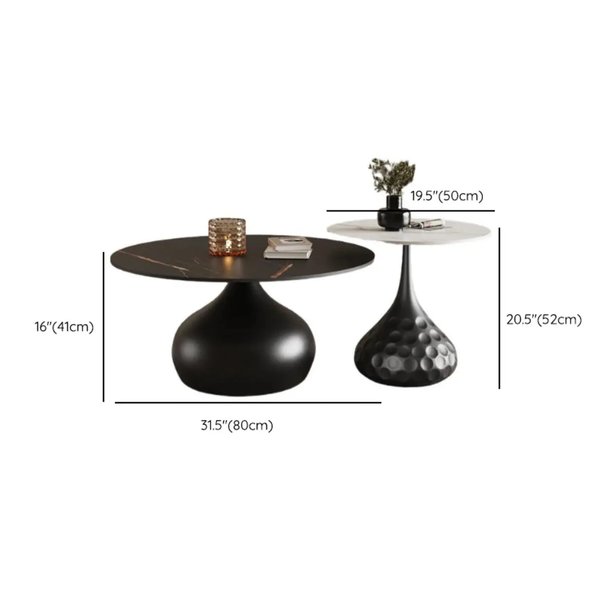 White Stone Round Metal Base Nesting Coffee Tables Image - 14