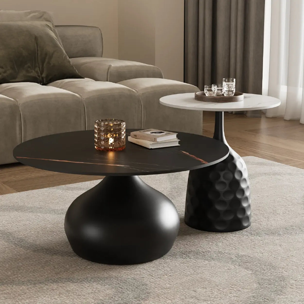 White Stone Round Metal Base Nesting Coffee Tables Image - 4