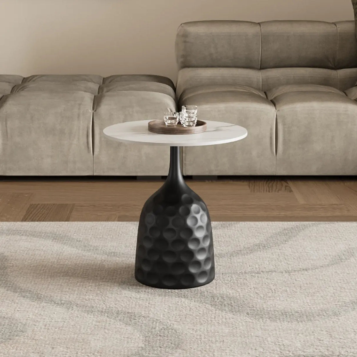 White Stone Round Metal Base Nesting Coffee Tables Image - 5