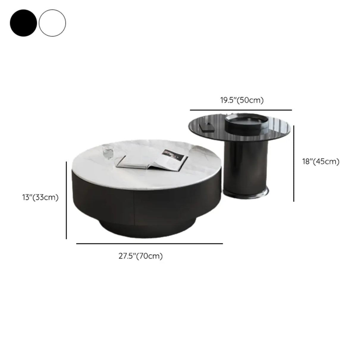 White Stone Round Nesting Coffee Tables with Storage Image - 12