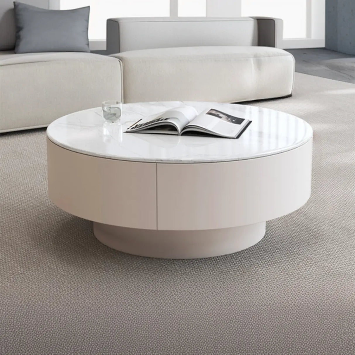 White Stone Round Nesting Coffee Tables with Storage Image - 3