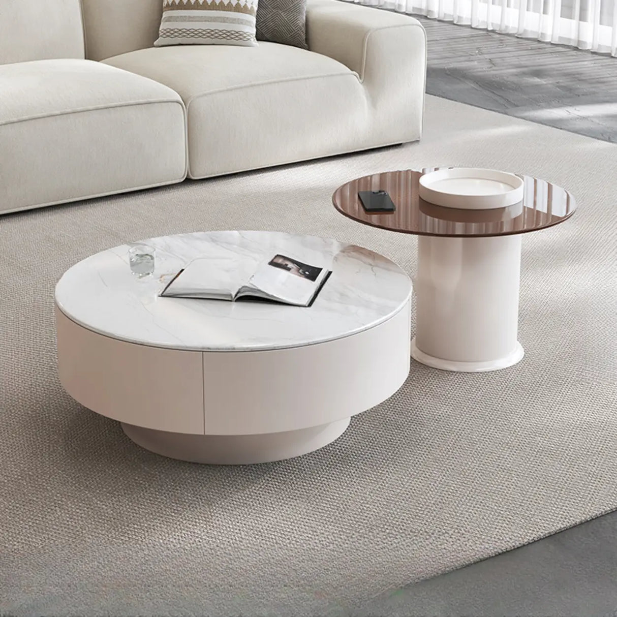 White Stone Round Nesting Coffee Tables with Storage Image - 5