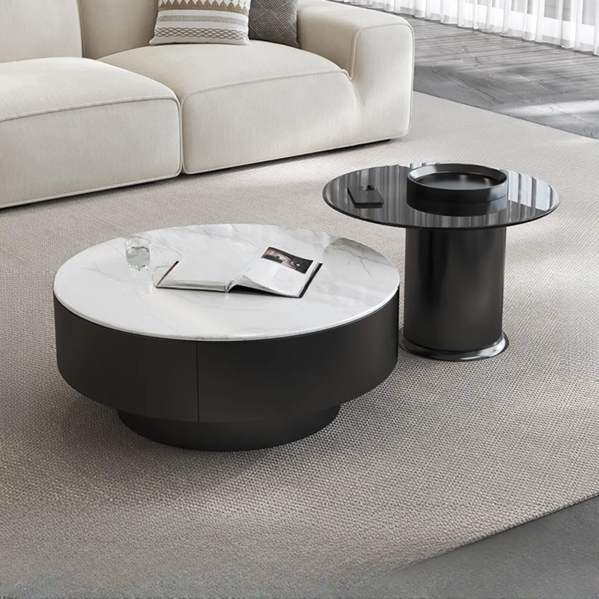 White Stone Round Nesting Coffee Tables with Storage Image - 7