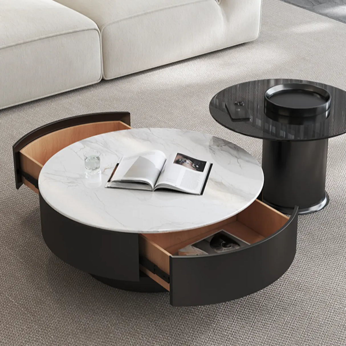 White Stone Round Nesting Coffee Tables with Storage Image - 9
