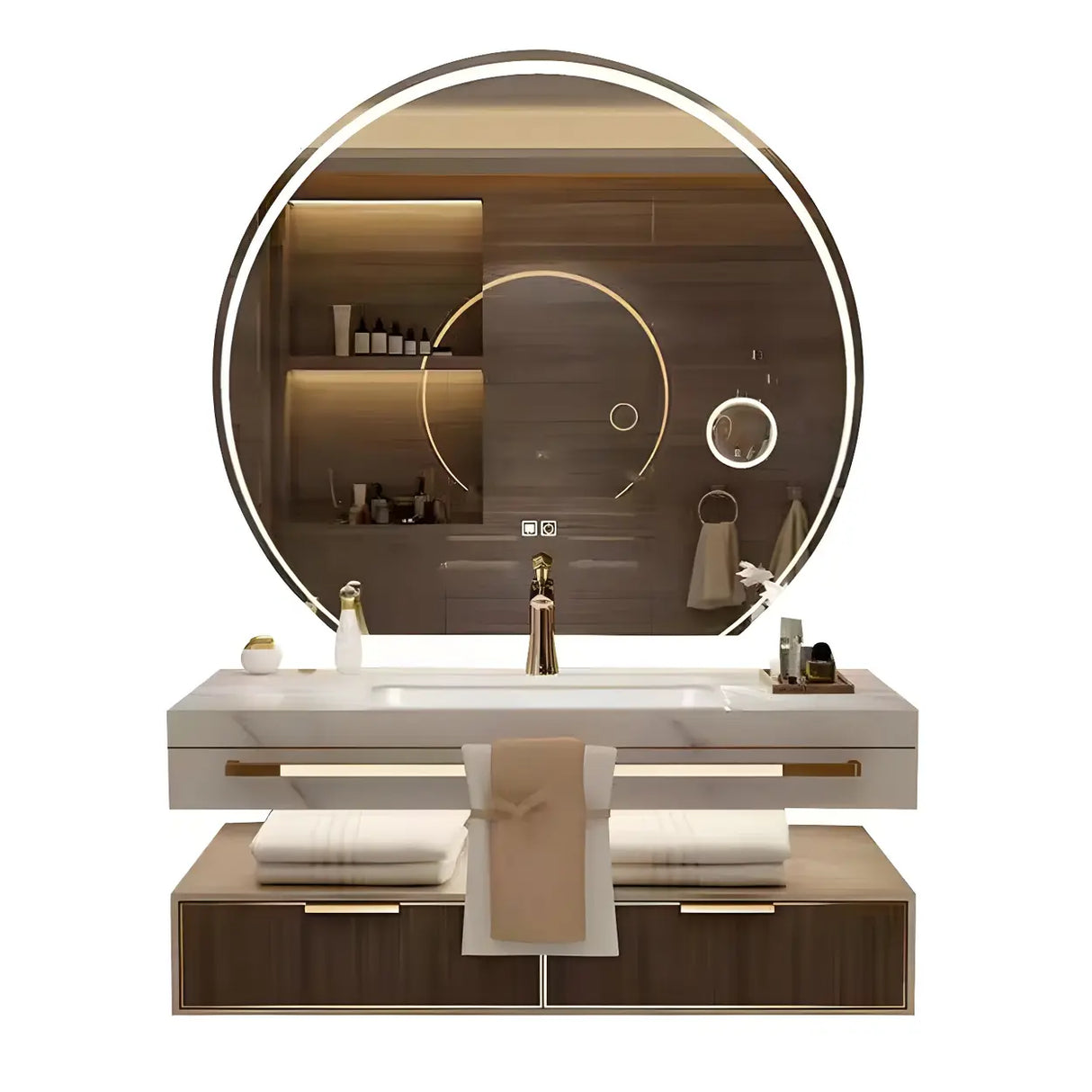 White Stone Sink Gold Faucet Wall Mounted Bath Vanity Set Image - 10